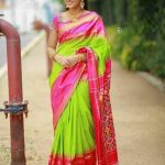PARROT GREEN CHECKS SAREE WITH PINK KADDI BORDER IKKAT SILK SAREE
