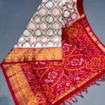 Ikat silk cotton saree White and Red with allover ikat weaves and long zari woven ikat border