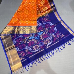 Ikat silk cotton saree Orange and Blue  with allover ikat weaves and long zari woven ikat border