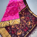 Ikat silk cotton saree Baby pink and sun set Brown  with allover ikat weaves and long zari woven ikat border